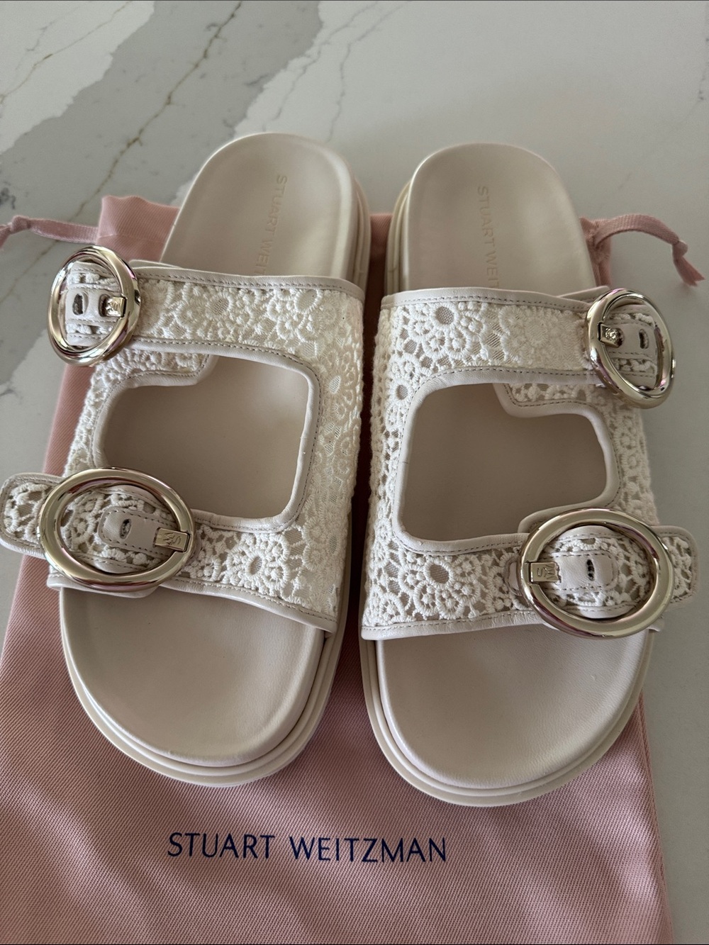 Stuart Weitzman Cream Lace Double-Buckle Slide Sandals 10